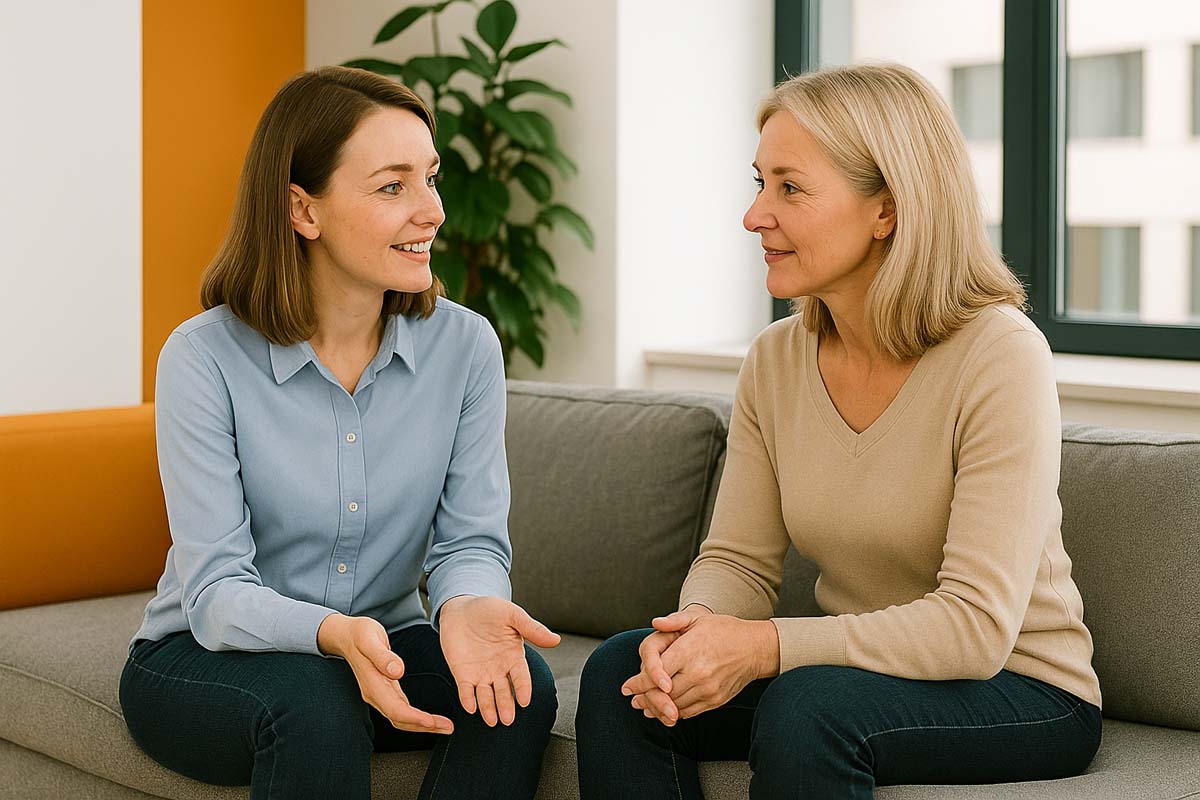Twee vrouwen in gesprek op een bank
