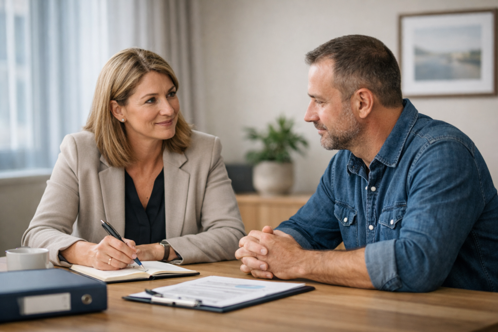 Jobcoach in gesprek met medewerker over re-integratie bij 80–100% arbeidsongeschiktheid