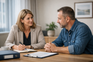 Jobcoach in gesprek met medewerker over re-integratie bij 80–100% arbeidsongeschiktheid