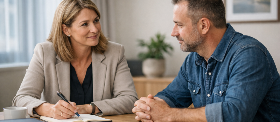 Jobcoach in gesprek met medewerker over re-integratie bij 80–100% arbeidsongeschiktheid